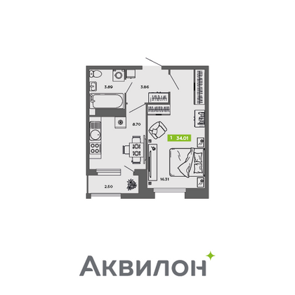 34 м², 1-комн. квартира, 7/16 этаж