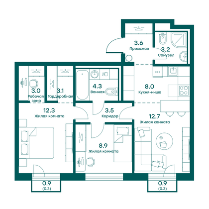 63,2 м², 3-комн. квартира, 4 этаж