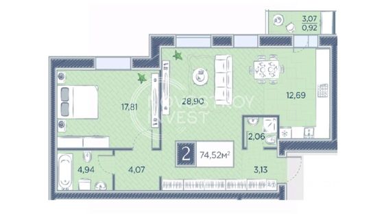 Продажа 2-комнатной квартиры 74 м², 6/8 этаж