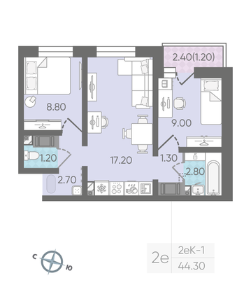 Продажа 2-комнатной квартиры 44,3 м², 18/25 этаж