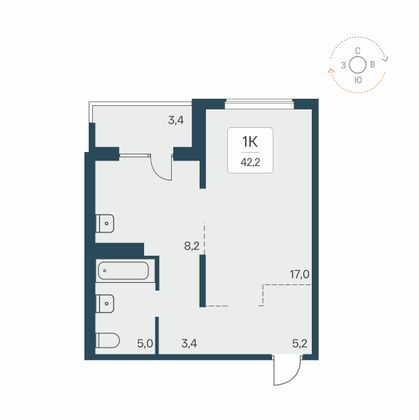 42,2 м², 1-комн. квартира, 16/17 этаж