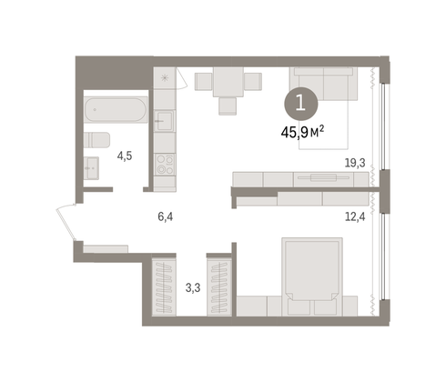 45,9 м², 1-комн. квартира, 4/17 этаж