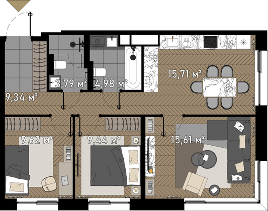 Продажа 3-комнатной квартиры 68,5 м², 9/23 этаж