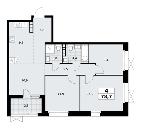 78,7 м², 4-комн. квартира, 17/21 этаж