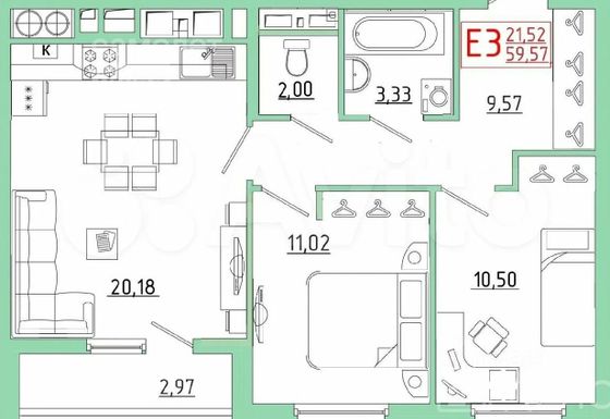 Продажа 2-комнатной квартиры 59,6 м², 21/25 этаж