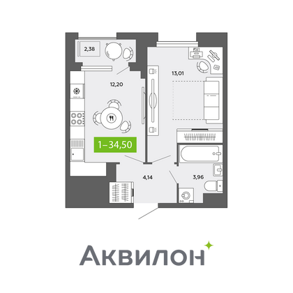 34,5 м², 1-комн. квартира, 9/16 этаж