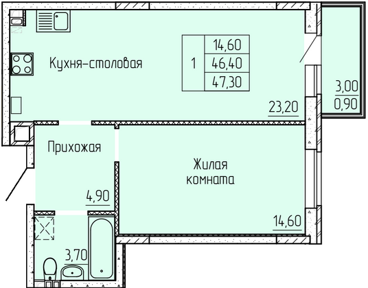 Продажа 1-комнатной квартиры 47,4 м², 3/4 этаж