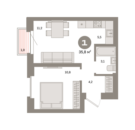 35,8 м², 1-комн. квартира, 29/31 этаж