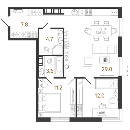 68,3 м², 2-комн. квартира, 20/23 этаж