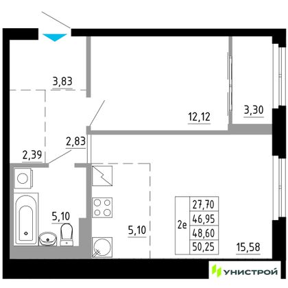 48,6 м², 2-комн. квартира, 4/27 этаж