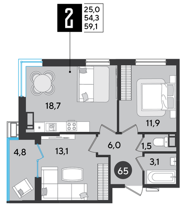 Продажа 2-комнатной квартиры 59,1 м², 11/16 этаж