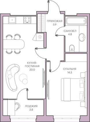 48,8 м², 1-комн. квартира, 10/18 этаж