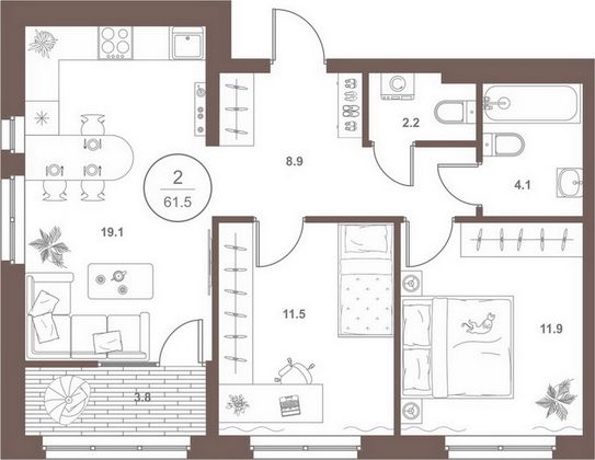 Продажа 2-комнатной квартиры 61,5 м², 6/18 этаж