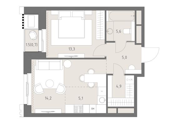 48,8 м², 2-комн. квартира, 2/19 этаж