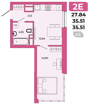 35,5 м², 2-комн. квартира, 7/20 этаж