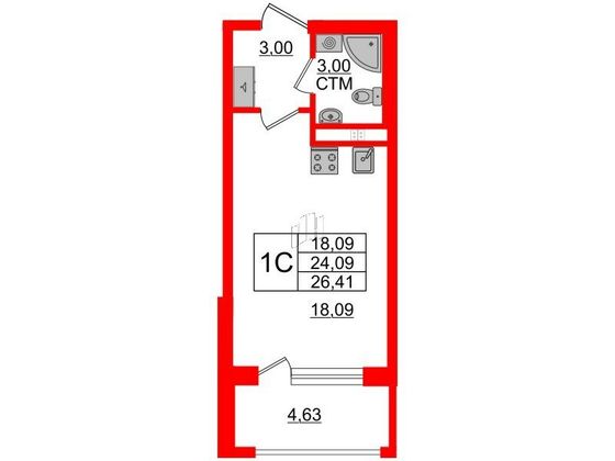 Продажа квартиры-студии 24,1 м², 3/4 этаж