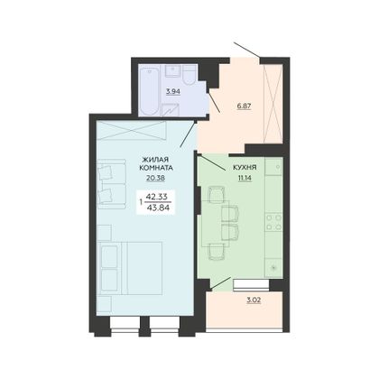 Продажа 1-комнатной квартиры 43,8 м², 2/21 этаж