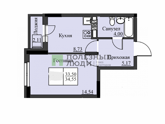 Продажа 1-комнатной квартиры 34,4 м², 12/18 этаж