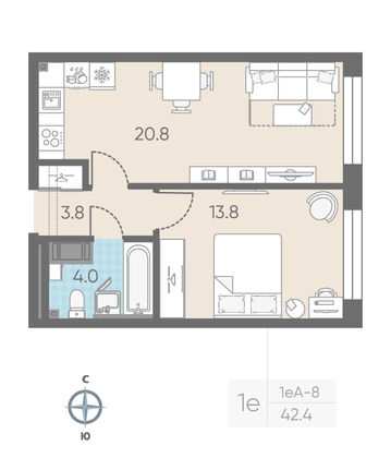 Продажа 1-комнатной квартиры 42,4 м², 7/11 этаж