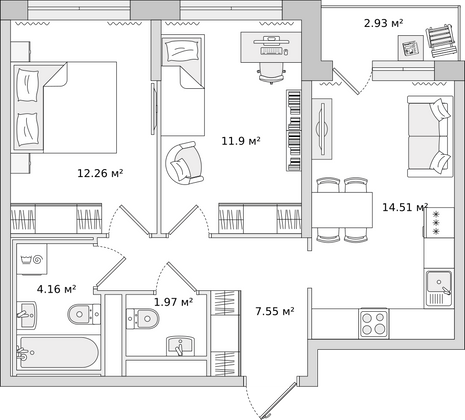 53,3 м², 2-комн. квартира, 16/21 этаж