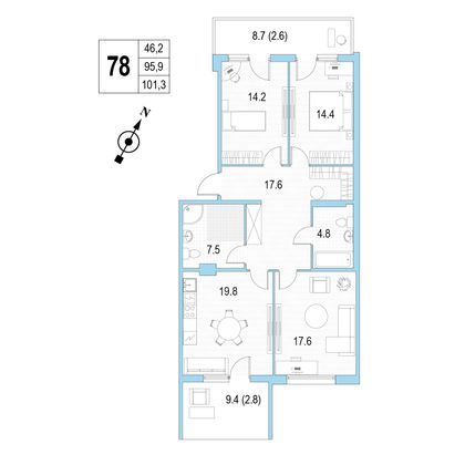 Продажа 3-комнатной квартиры 101,3 м², 4/4 этаж