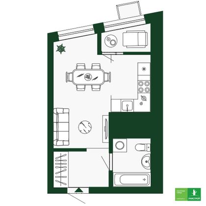 27,7 м², 1-комн. квартира, 26/34 этаж