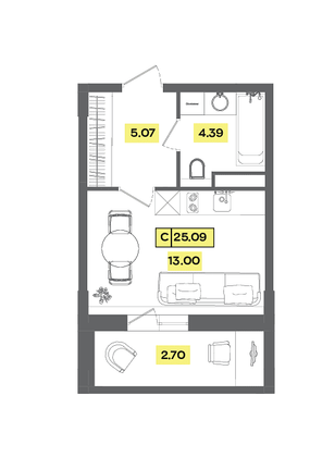 Продажа квартиры-студии 25,1 м², 7 этаж