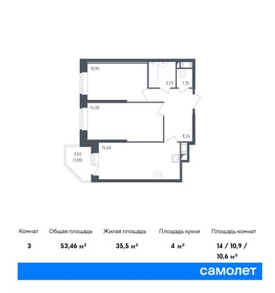 53,5 м², 2-комн. квартира, 3/23 этаж