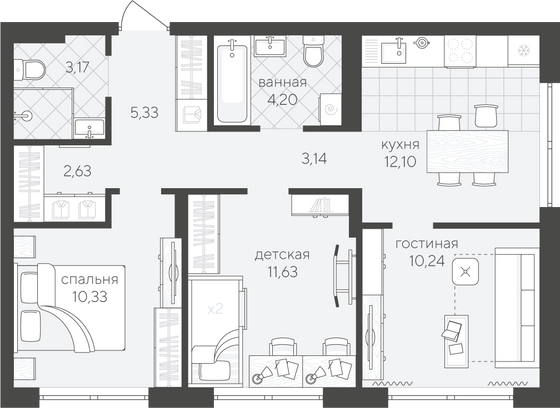62,8 м², 3-комн. квартира, 2/4 этаж