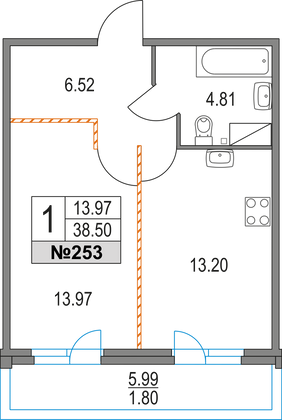 38,5 м², 1-комн. квартира, 16/16 этаж