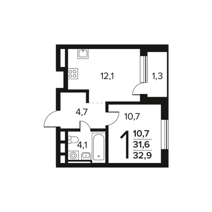 Продажа 1-комнатной квартиры 32,9 м², 3/9 этаж