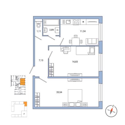 59,4 м², 2-комн. квартира, 1/7 этаж