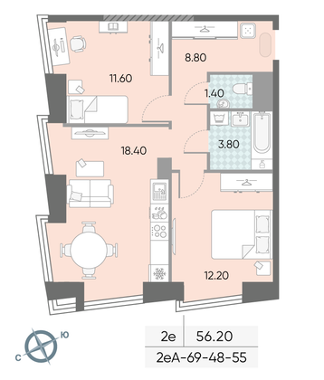 Продажа 2-комнатной квартиры 56,2 м², 48/58 этаж