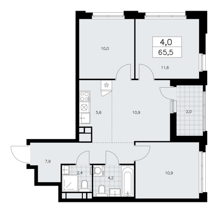 65,5 м², 4-комн. квартира, 14/16 этаж