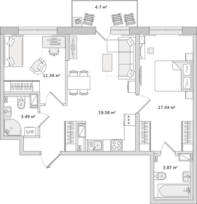 65,7 м², 2-комн. квартира, 2/16 этаж