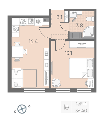 Продажа 1-комнатной квартиры 36,4 м², 24/25 этаж