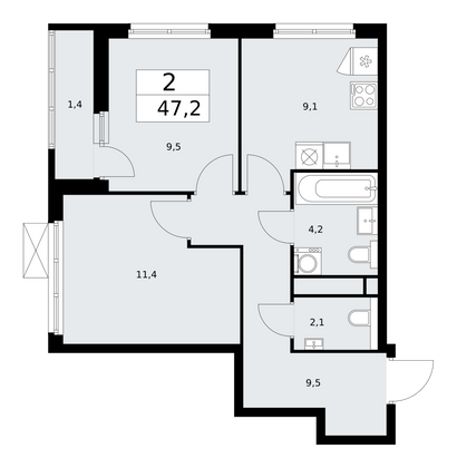 47,2 м², своб. планировка, 13/13 этаж