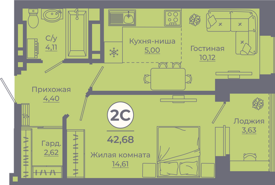 Продажа 2-комнатной квартиры 42,4 м², 24/24 этаж