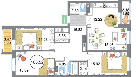 108,5 м², 4-комн. квартира, 12/12 этаж