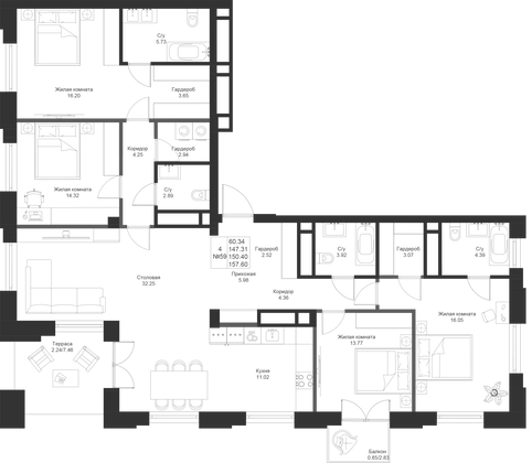 150,4 м², 4-комн. квартира, 5/9 этаж