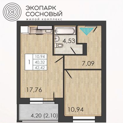 42,4 м², 1-комн. квартира, 2/4 этаж