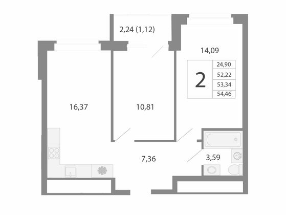 53,3 м², 3-комн. квартира, 18/26 этаж