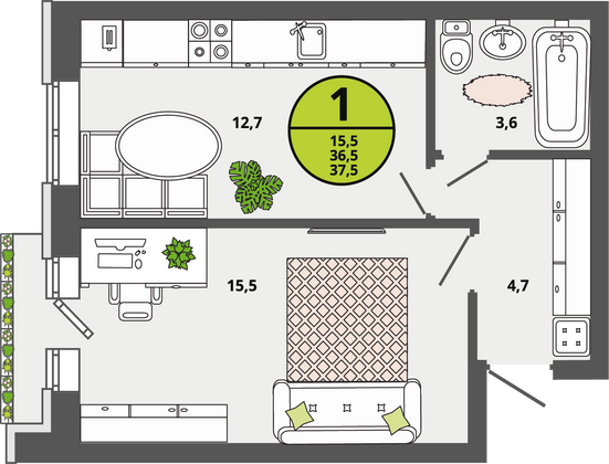 Продажа 1-комнатной квартиры 36,5 м², 2/3 этаж