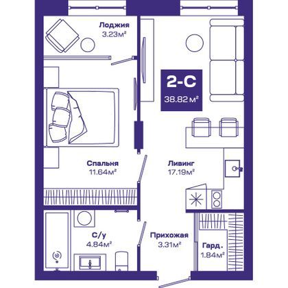 38,8 м², 2-комн. квартира, 6/8 этаж