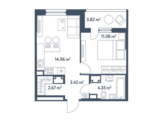 38,4 м², 1-комн. квартира, 18/25 этаж