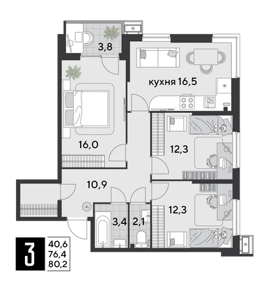 Продажа 3-комнатной квартиры 80,2 м², 2/18 этаж