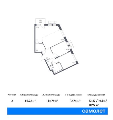 65 м², 2-комн. квартира, 3/9 этаж