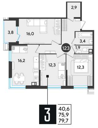 79,7 м², 3-комн. квартира, 7/18 этаж