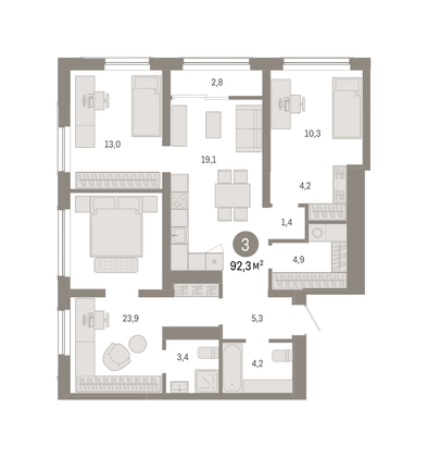 Продажа 3-комнатной квартиры 92,3 м², 14/15 этаж