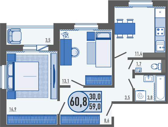 Продажа 2-комнатной квартиры 60,8 м², 13/16 этаж